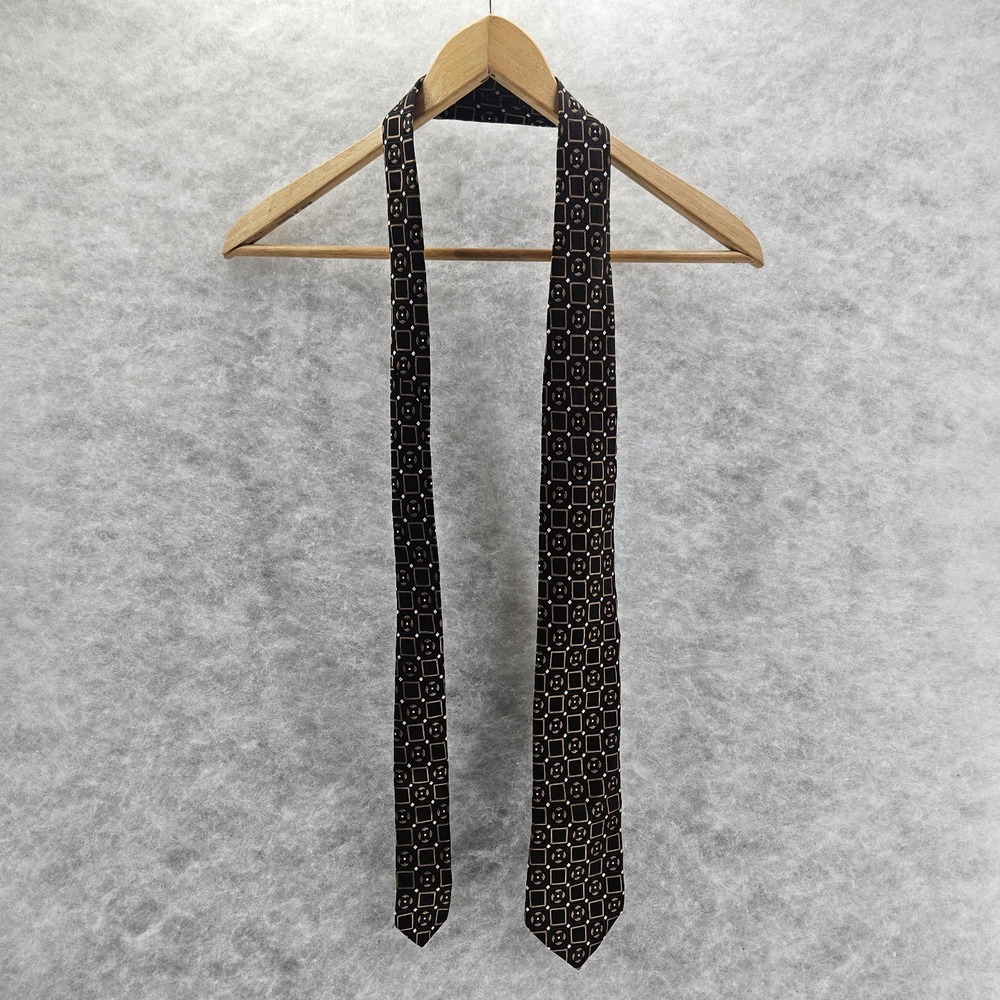 IKE BEHAR Men's 100% Silk Tie Black Tan White Hand Tailored in the USA RN 121148